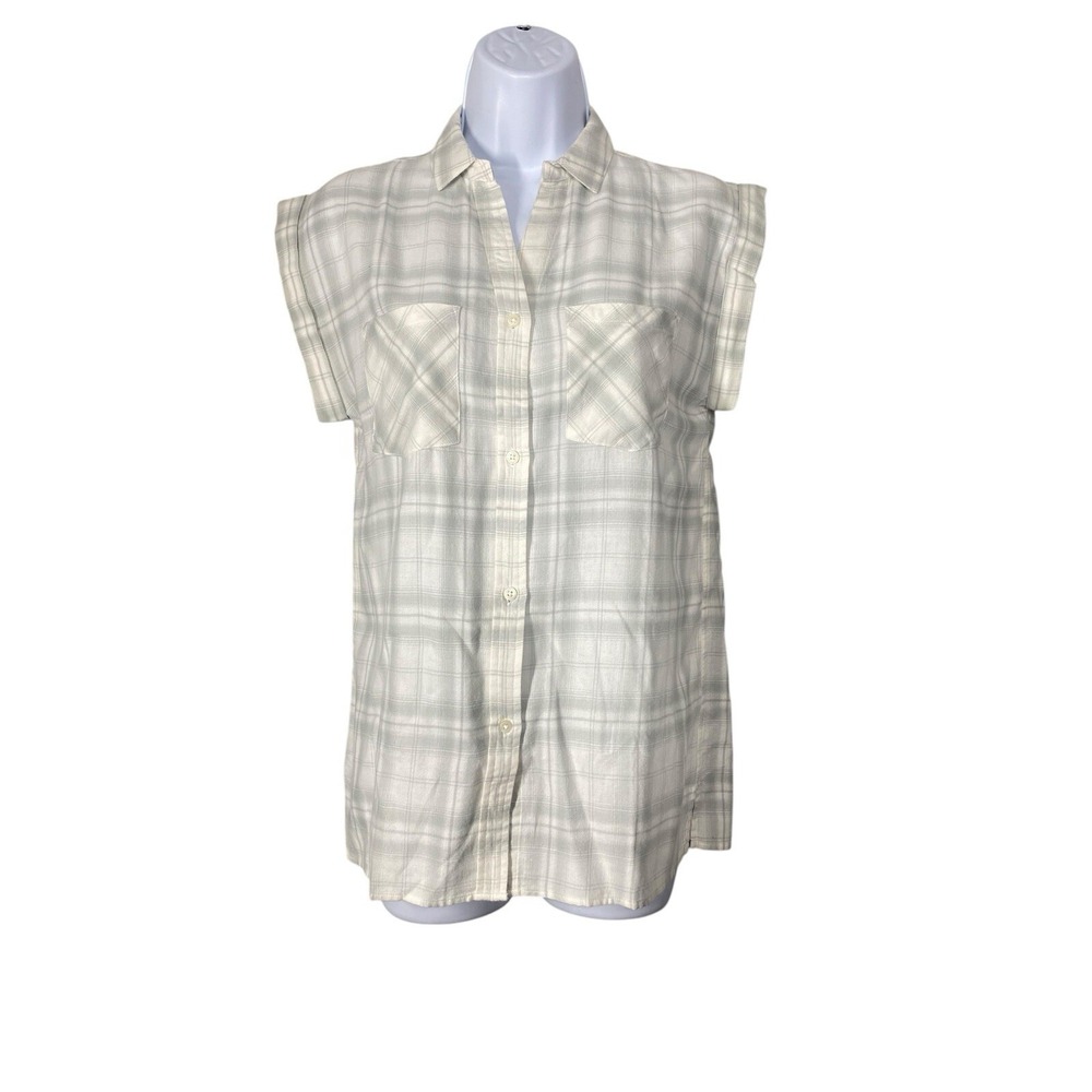 UNTUCKit Womens Villefranche White Gray Plaid Button Down Cap‎ Sleeve Size 4